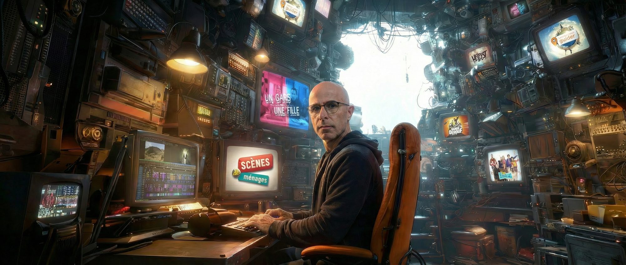 Alex Besson dans sa salle de montage, entouré des séries qu'il a montées
